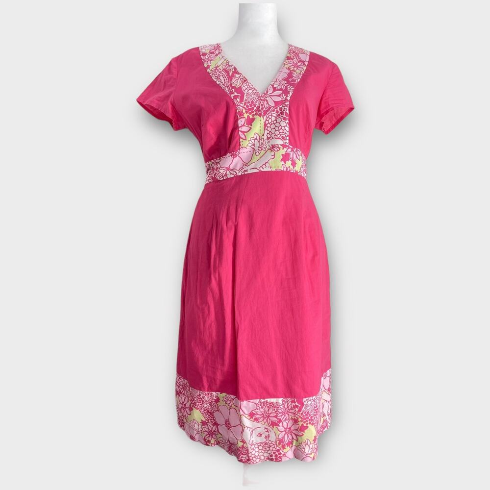 Vintage Lilly Pulitzer Pink Floral Lions White Label Tie Back Sheath Dress Small